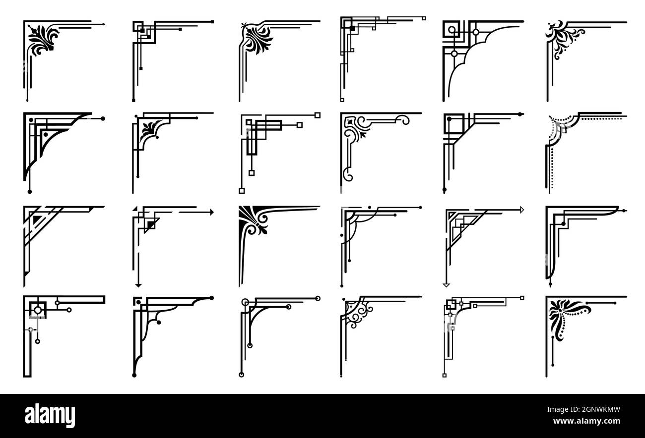 Art deco floral corners and border embellishment. Vector corner frames