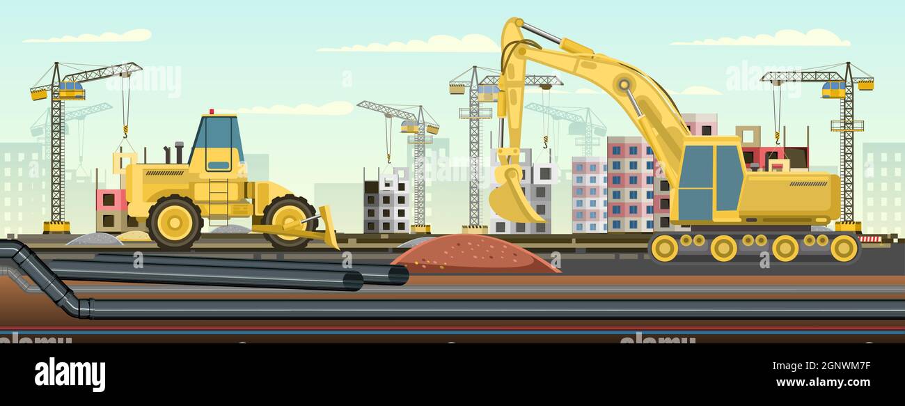 Industrial pipeline laying. Construction of new quarters. Excavation ...