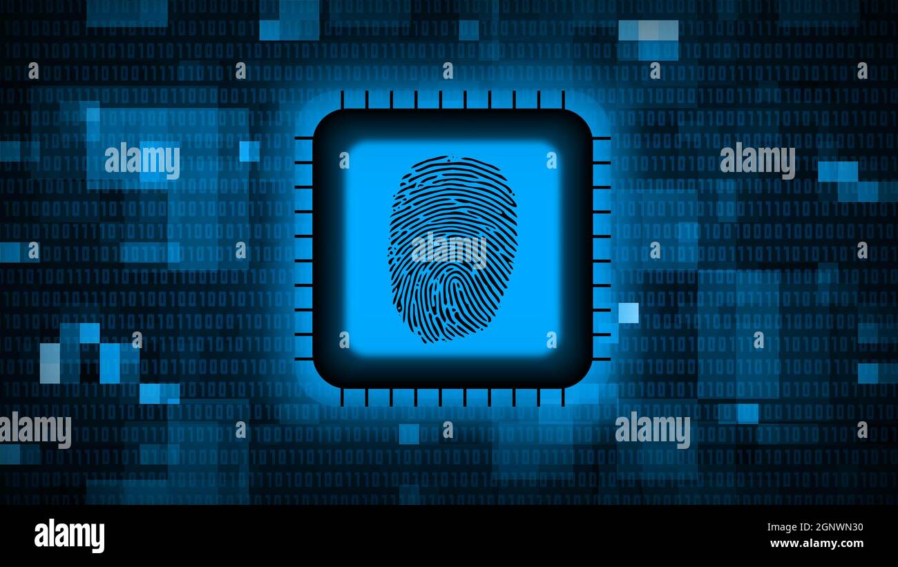 Fingerprint logo on chip sensor - abstract background in blue of blurred binary code - security scanning identification concept Stock Photo