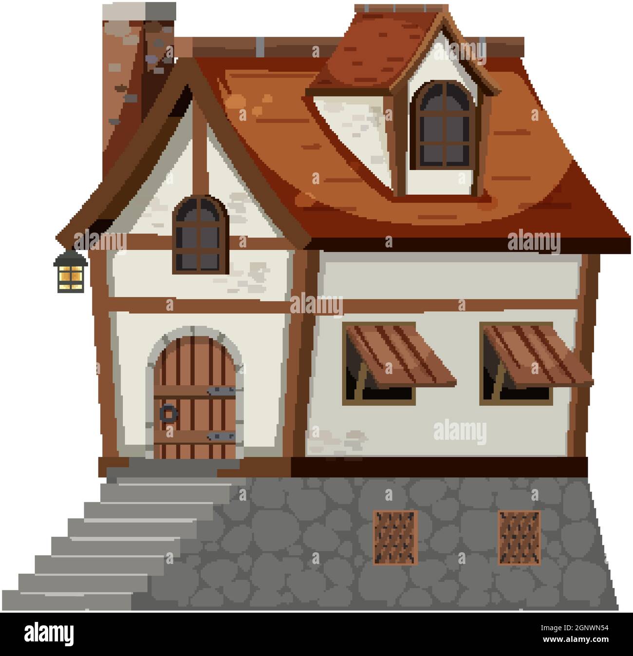 Ancient medieval house isolated on white background illustration Stock