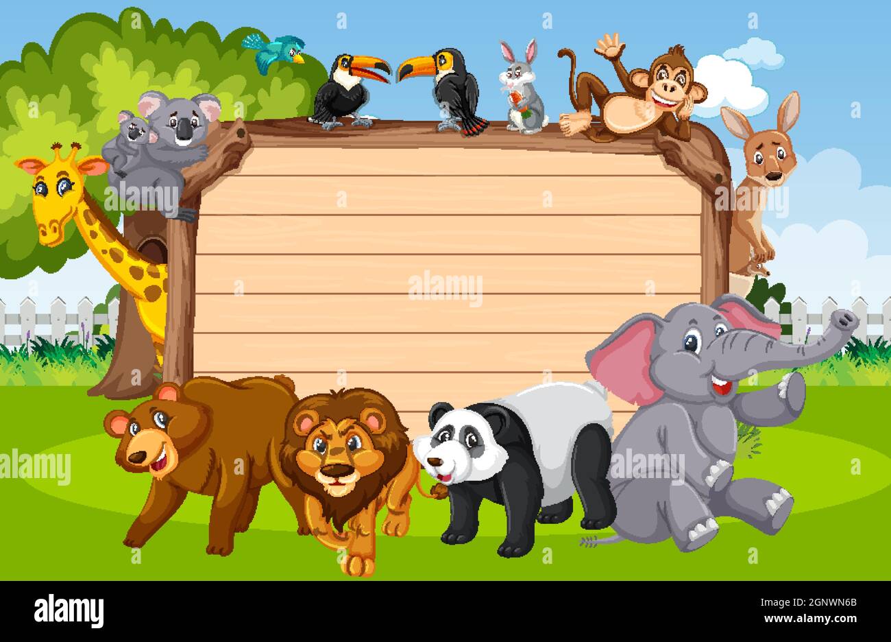 Empty wooden board with various wild animals in the forest illustration ...