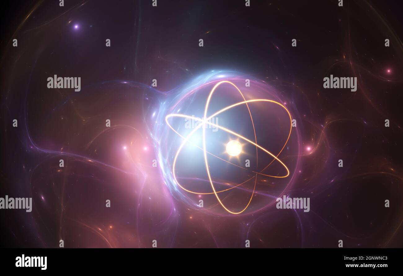 Atom nuclear model on energetic background, illustration Stock Photo