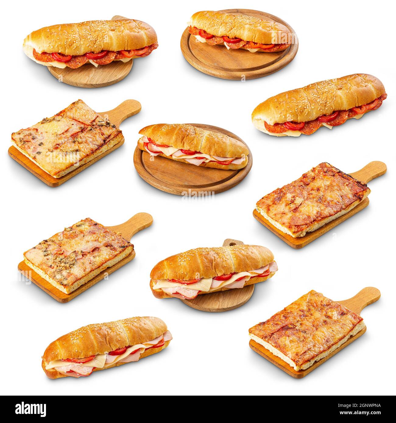 Set of sandwich with ham and pizza on white background Stock Photo