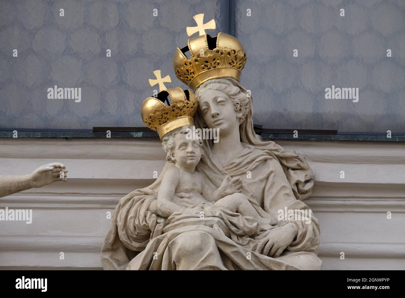 Virgin Mary with baby Jesus on the portal of Mariahilf church in Graz ...