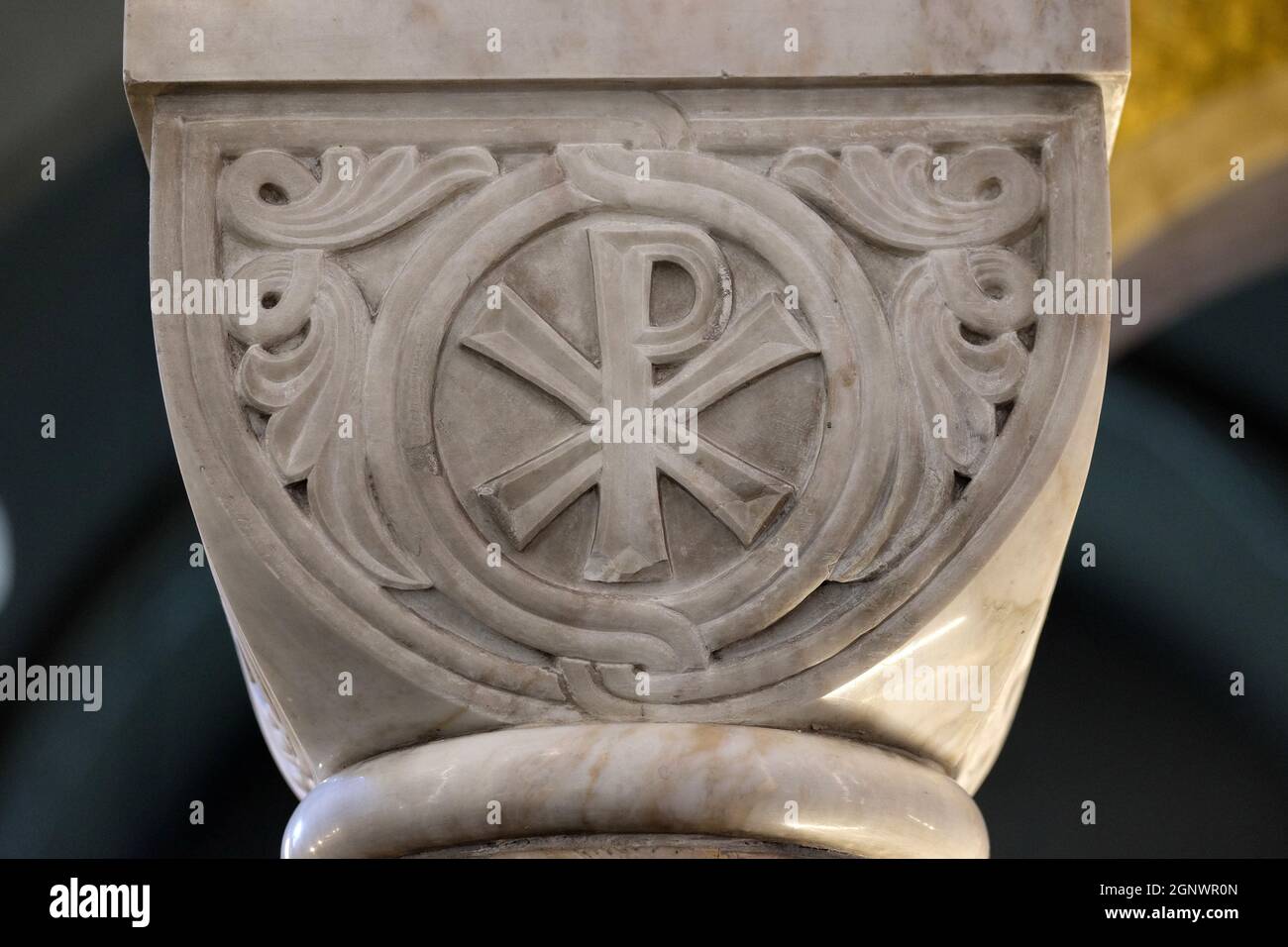 Pax symbol on a pillar in the church of Saint Blaise in Zagreb, Croatia Stock Photo