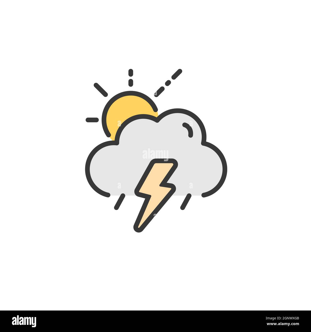 Storm, cloud and sun. Filled color icon. Weather vector illustration