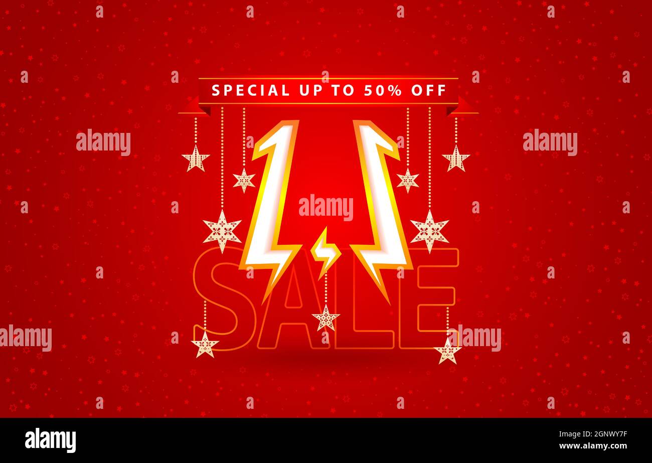 1.1 sale, 1.1 online sale, Flash Model Shopping day festival number date red with red background and sparkle snowflake, online shop sign, for poster, flyer, social media banner, label promotion store. Stock Vector