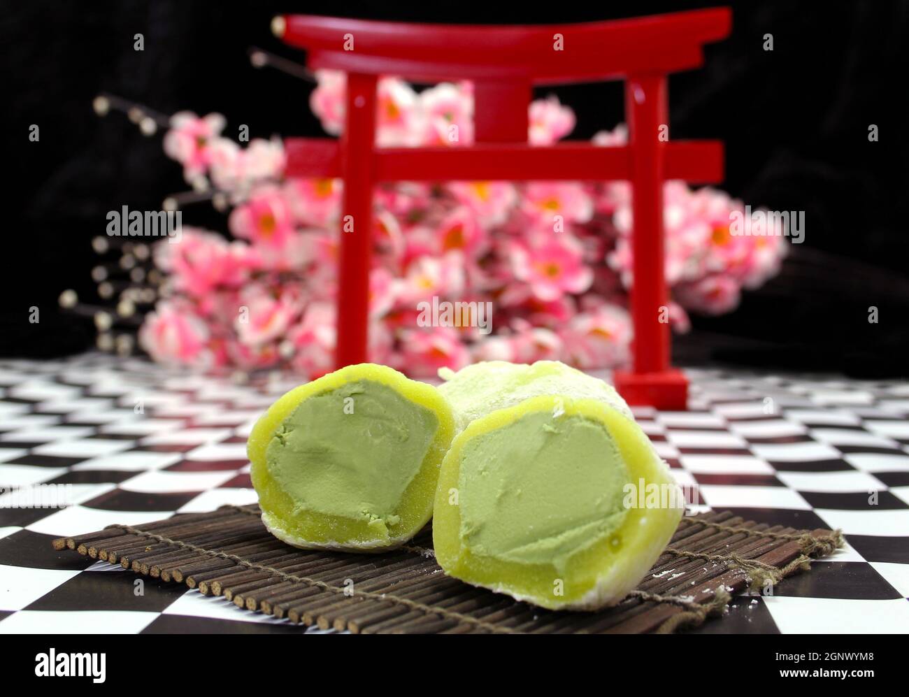 Green Tea Mochi Ice Cream With Japanese Decorations Stock Photo Alamy