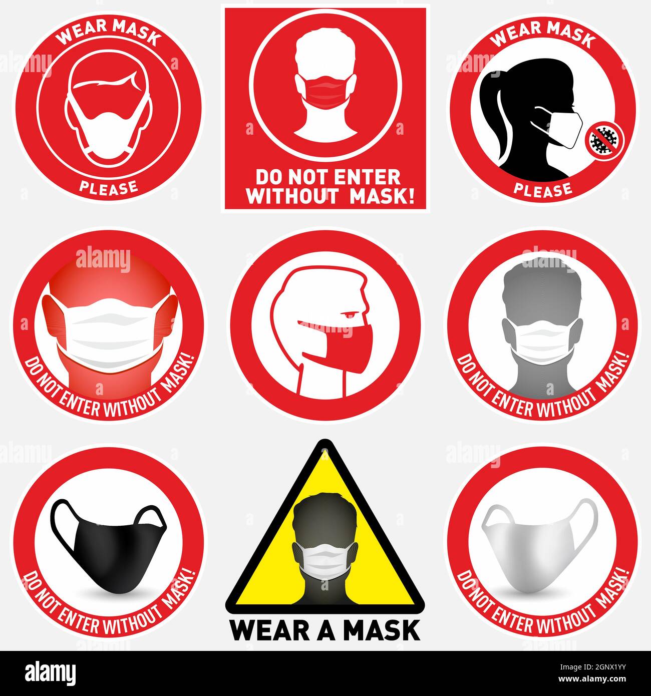 Set of face mask required vector signs. Facemask or covering must be worn in shops or public spaces during coronavirus covid-19 social distancing pandemic. Variety set of vector icons and slogan signs Stock Vector