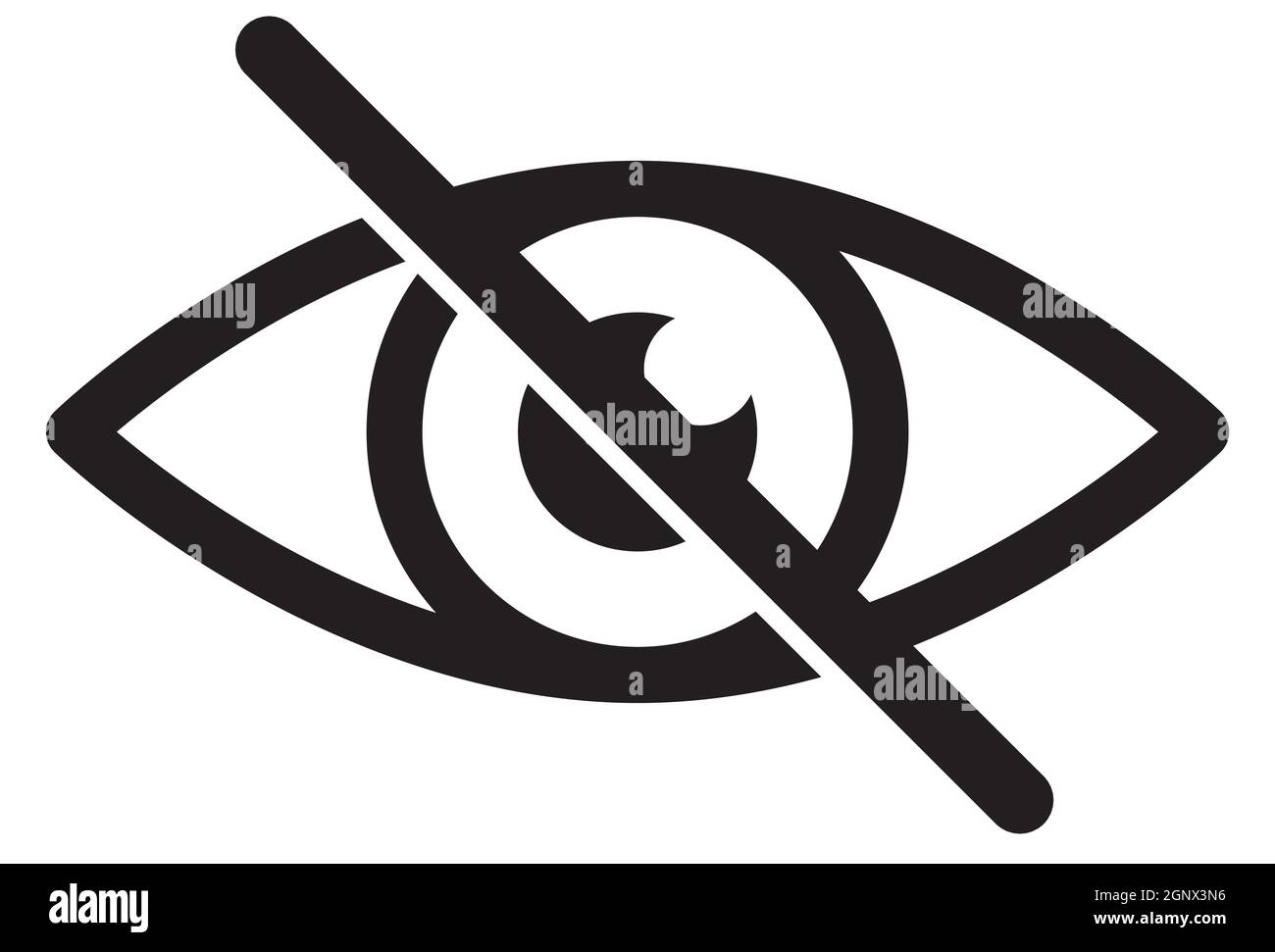 No eye. Black crossed eyeball icon. Concept of avoid look at hidden confidential secret like password. Vector symbol isolated on white background. Stock Vector