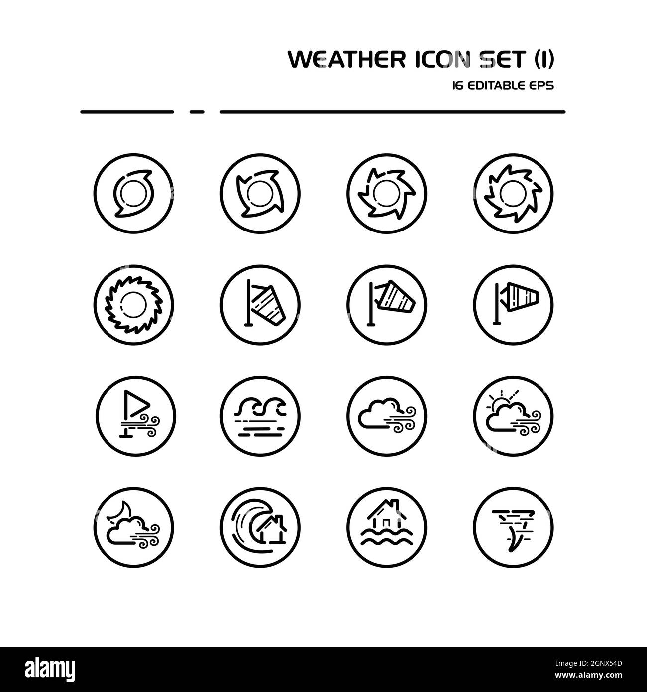 Weather and meteorology line icon set in a circle. Wind, sea and natural disasters. Outline vector illustration Stock Vector
