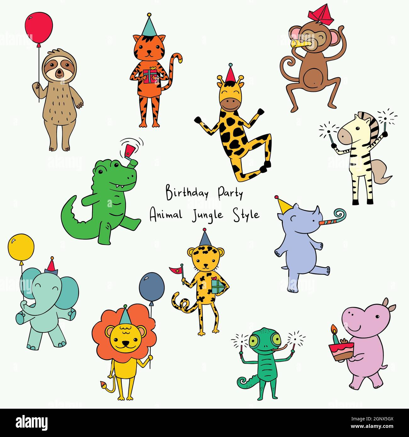 Cute jungle and safari animals. Hand drawn Birthday Characters. Cartoon