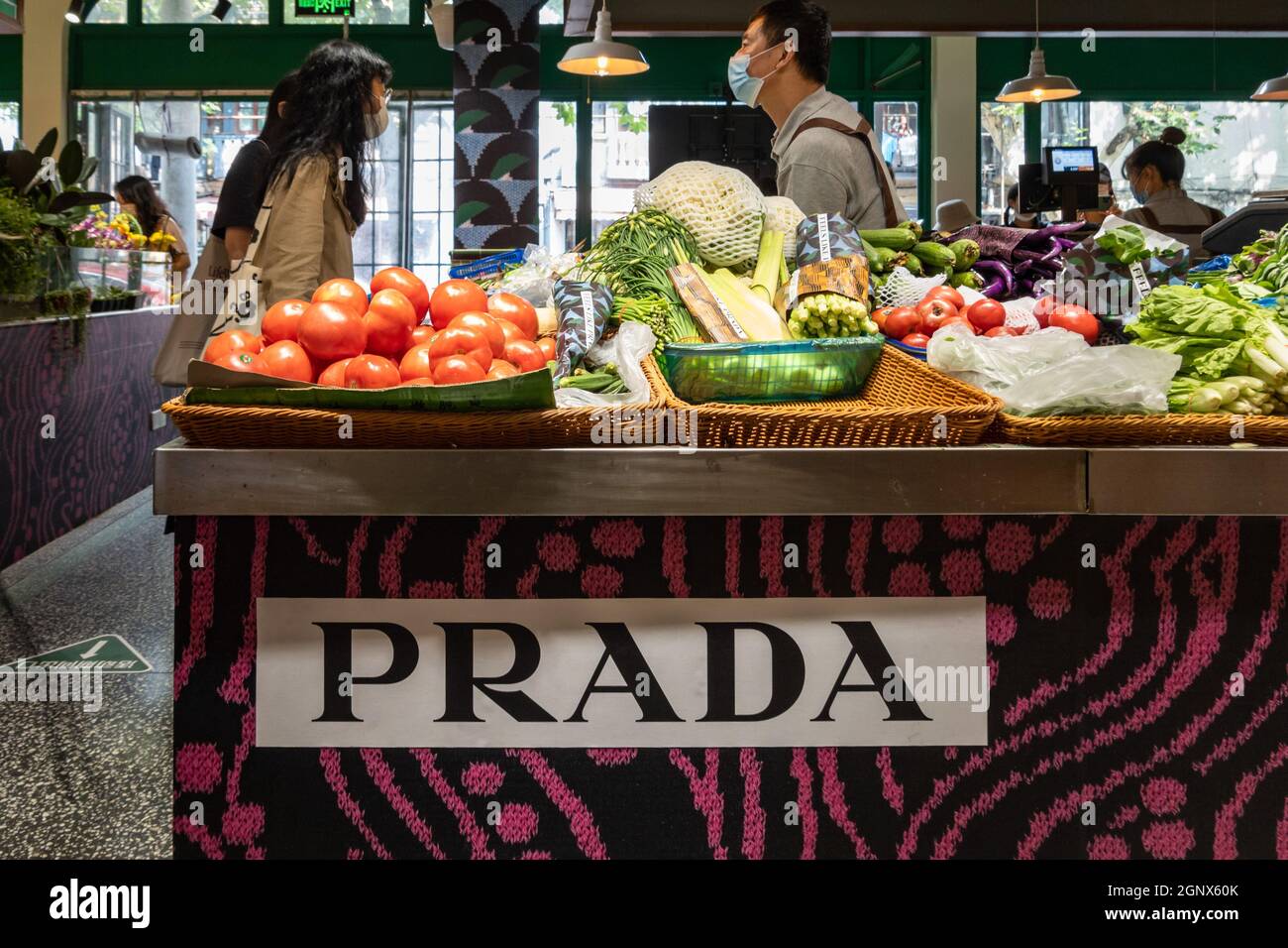 SHANGHAI, CHINA - SEPTEMBER 28, 2021 - Prada vegetable market jointly  launched by Prada and "Wuzhong market", September 28, 2021, Shanghai,  China. There are striking Prada words on the market appearance and