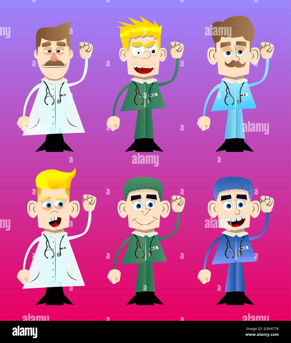 Funny cartoon doctor making power to the people fist gesture. Stock Vector