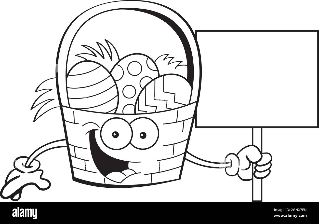 Black and white illustration of an Easter basket holding a sign Stock ...