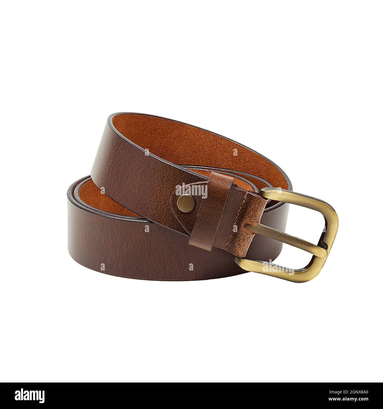 A rolledup brown leather belt with a metal buckle on a white