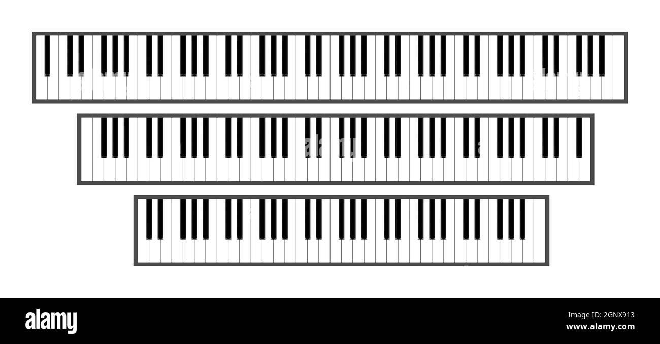 Piano keyboard sizes 3d illustration. 88, 61 and 76 white and black keys. Stock Photo