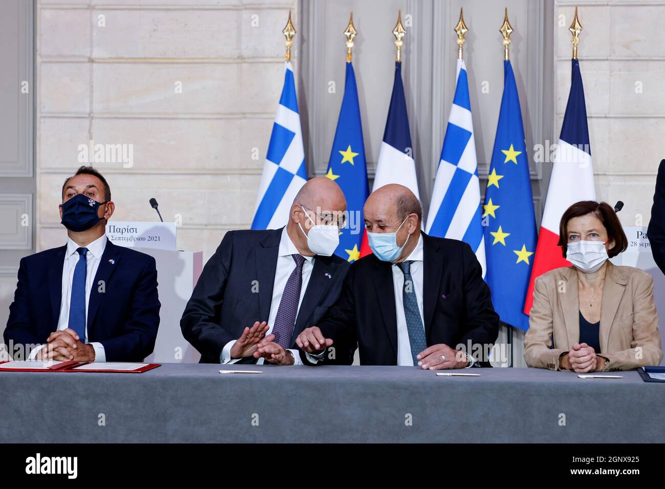 Greek Defence Minister Nikolaos Panagiotopoulos, Greek Foreign Affairs  Minister Nikos Dendias, French Foreign Affairs Minister Jean-Yves Le Drian  and French Defence Minister Florence Parly take part in the signing  ceremony of a