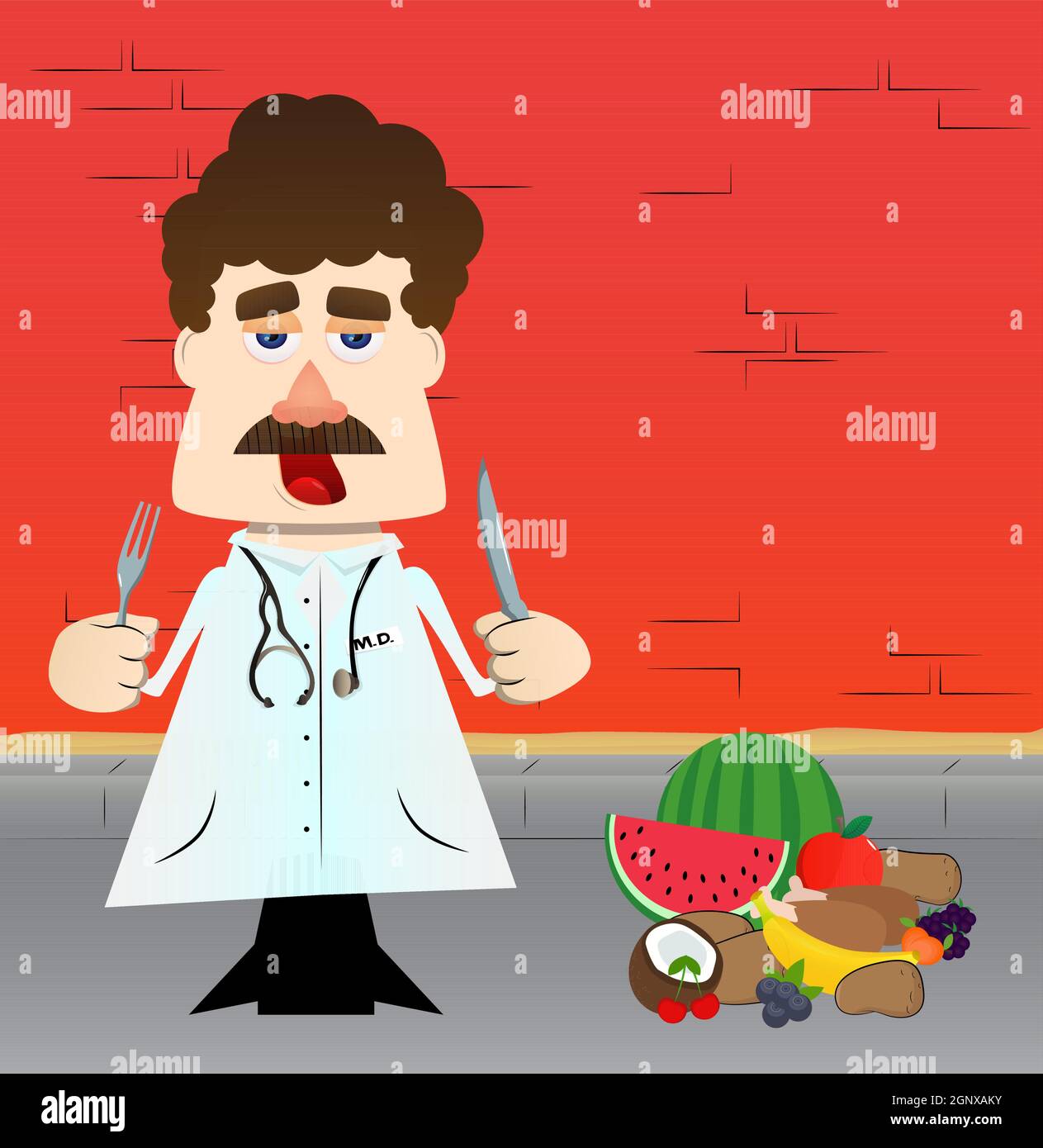 Funny Cartoon Doctor Holding Up A Knife And Fork Stock Vector Image