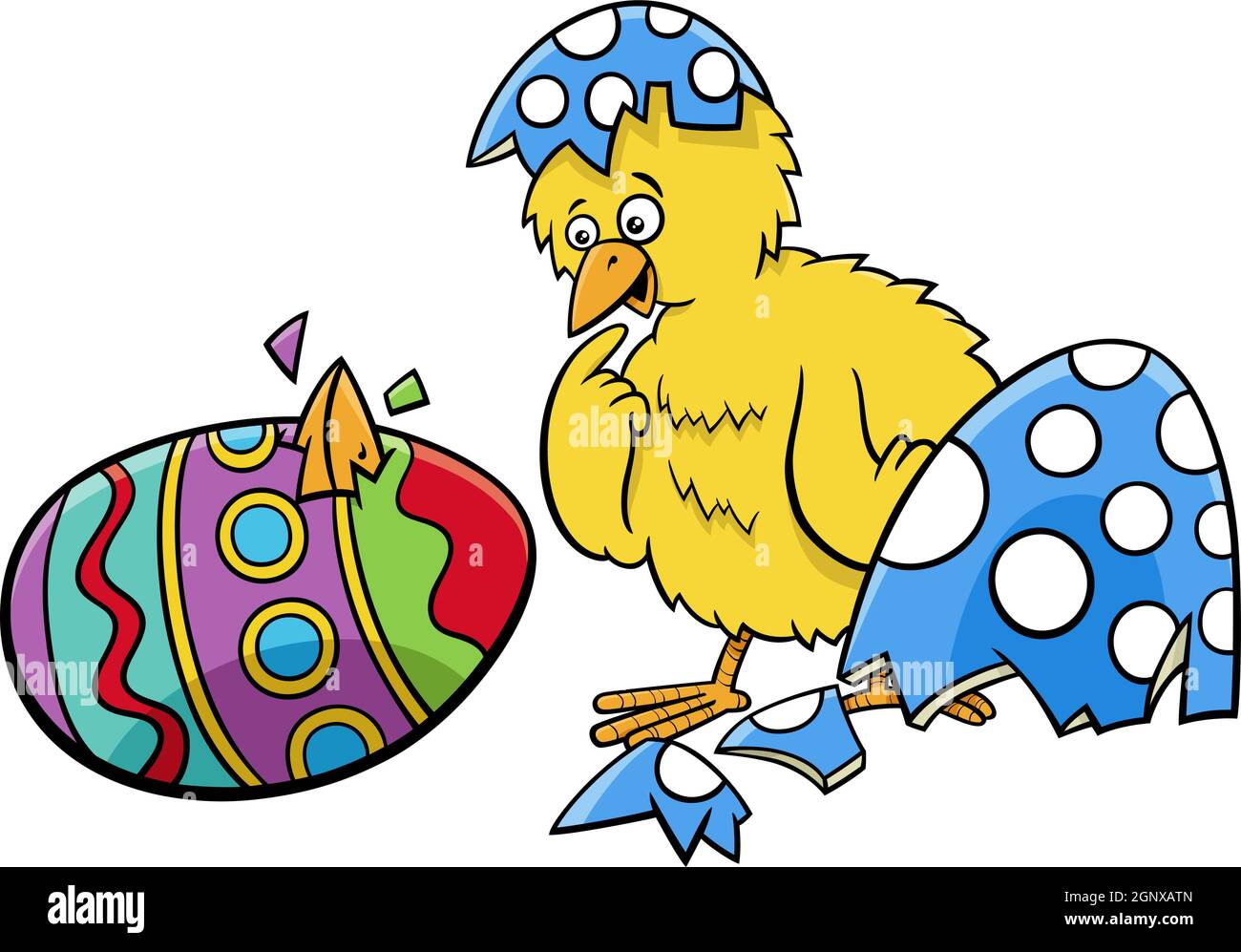 Easter chick hatched from coloered egg cartoon illustration Stock Vector