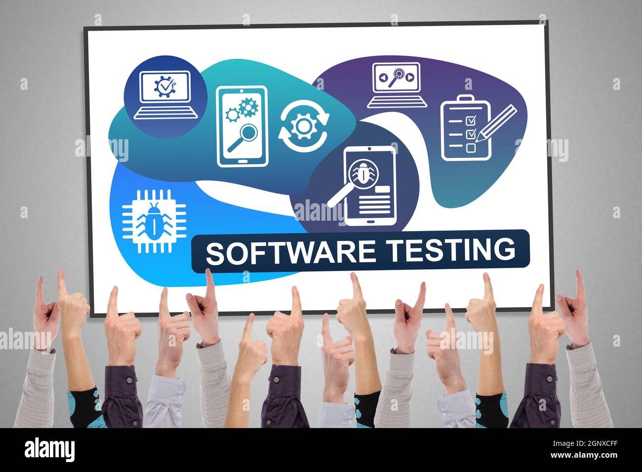 Software testing concept on a whiteboard pointed by several fingers ...