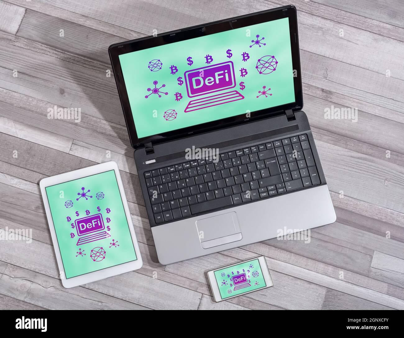 Defi concept shown on different information technology devices Stock Photo