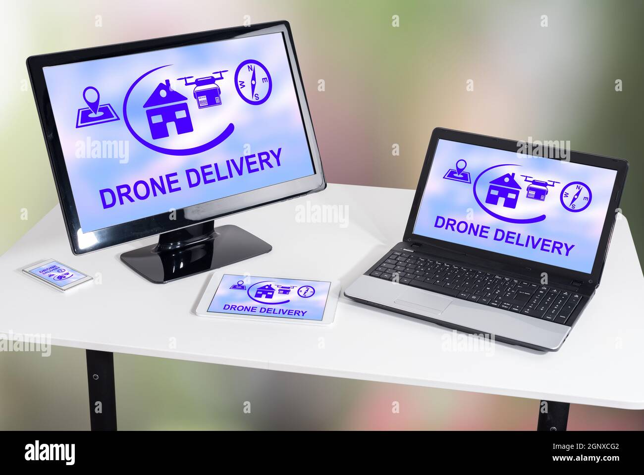 Drone delivery concept shown on different information technology devices Stock Photo