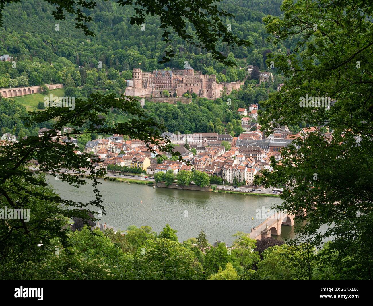 View of the castle and the city of Heidelberg with river and bridge Stock Photo