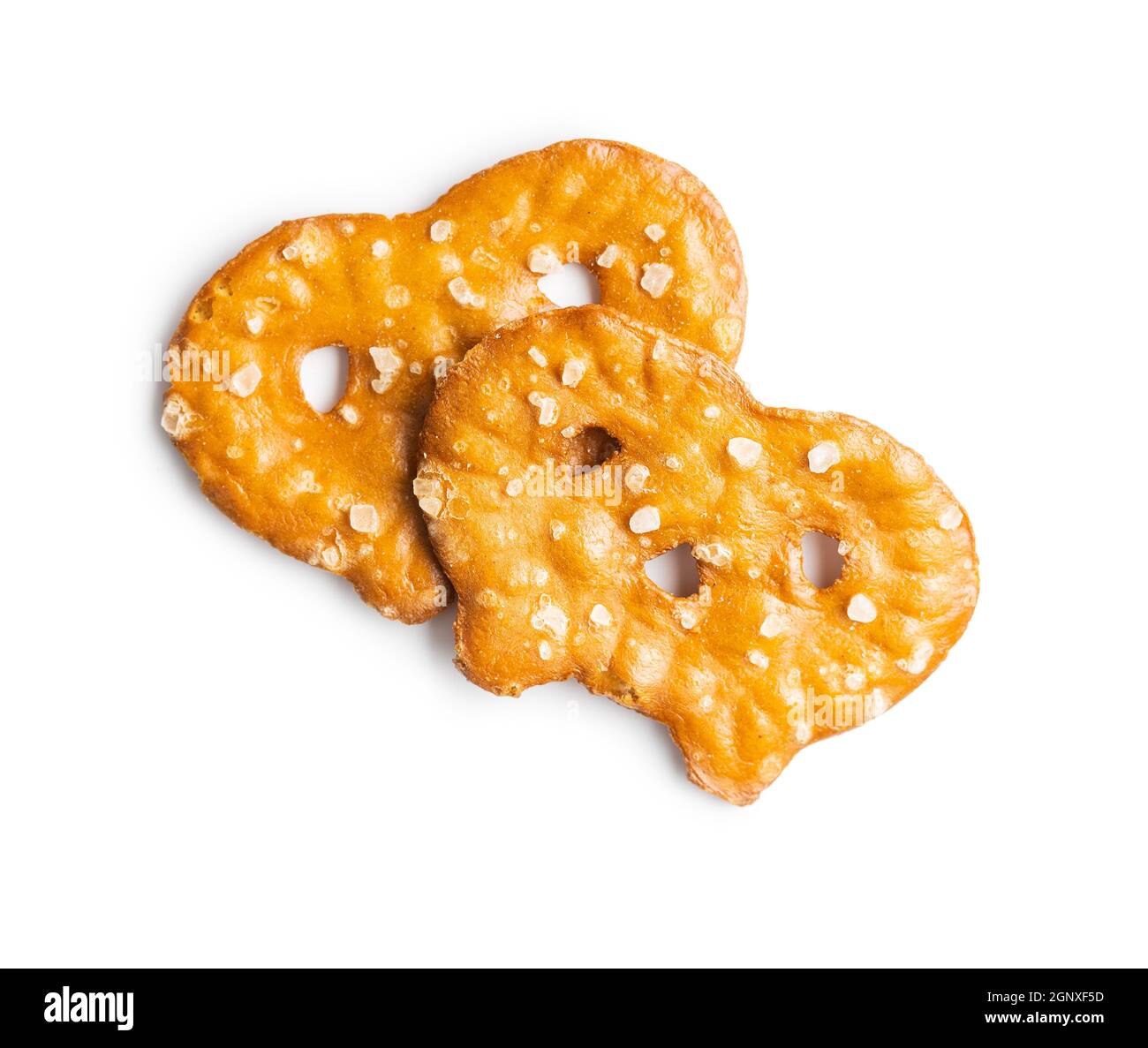 Salted mini flat pretzels isolated on white background. Stock Photo