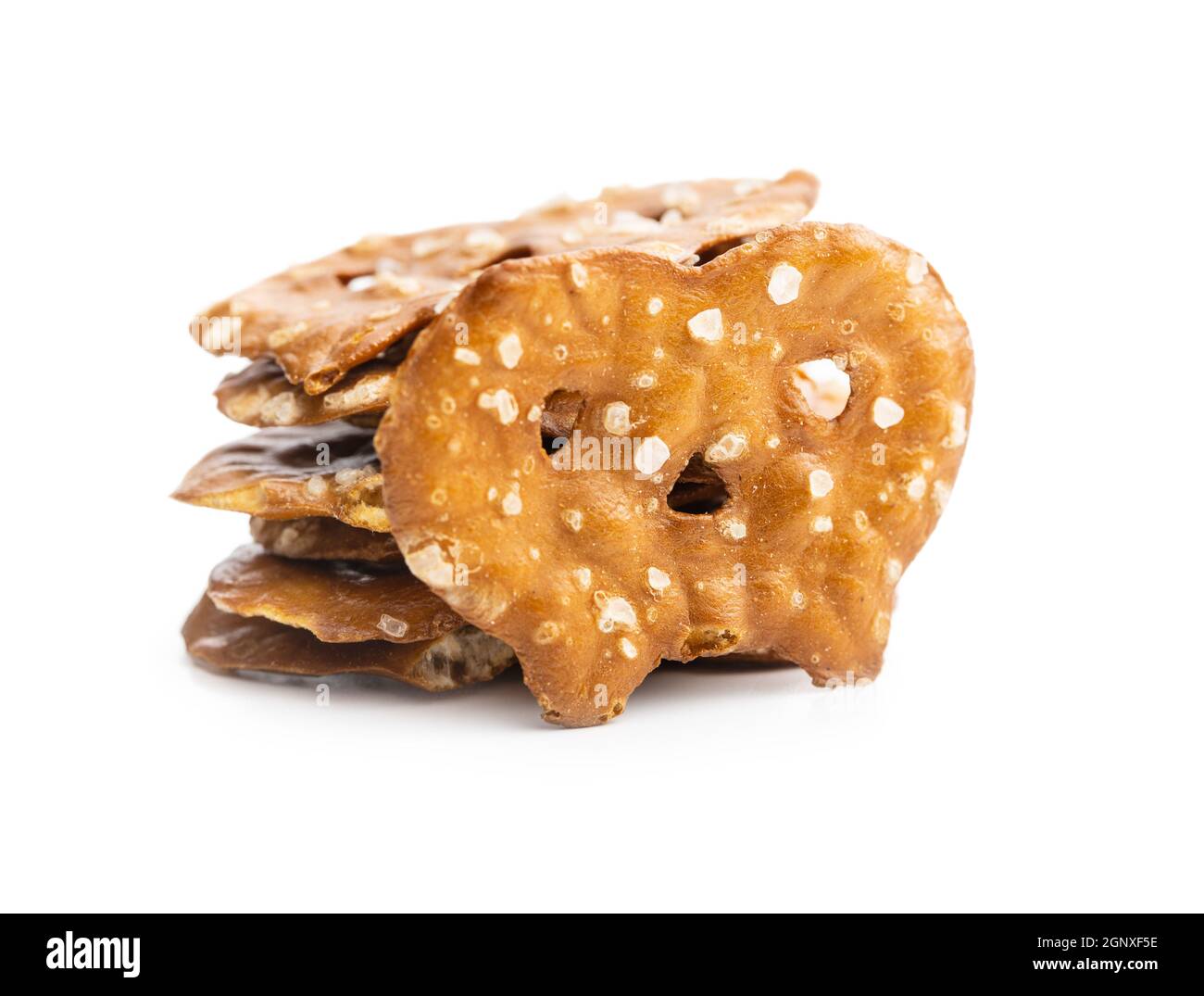 Salted mini flat pretzels isolated on white background. Stock Photo