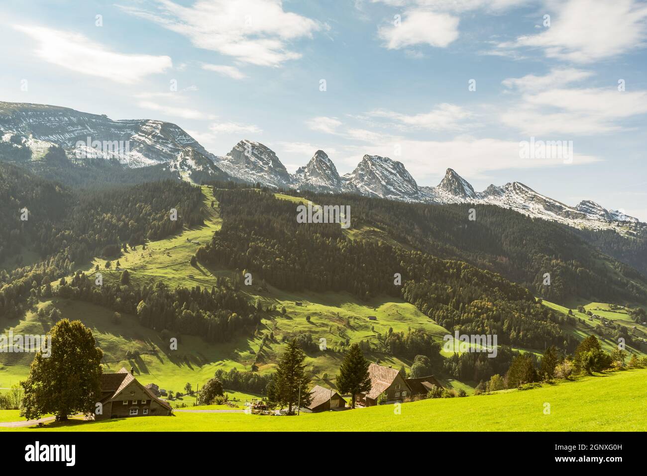 The Churfirsten mountain range, seen from Unterwasser, Wildhaus-Alt St. Johann, Canton of St. Gallen, Switzerland. Stock Photo