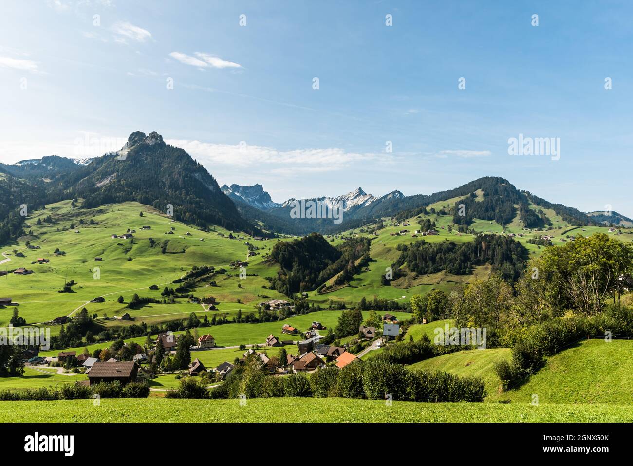 Landscape in Toggenburg with green meadows and pastures near Nesslau, mountains Speer (right) and Mattstock (left) in the background, Canton St. Galle Stock Photo