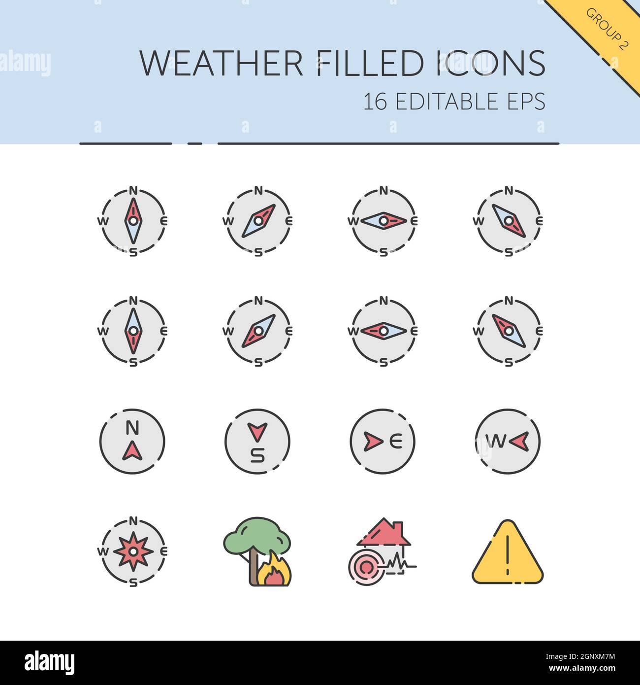 Weather and meteorology. Compass and natural disasters group. Color ...