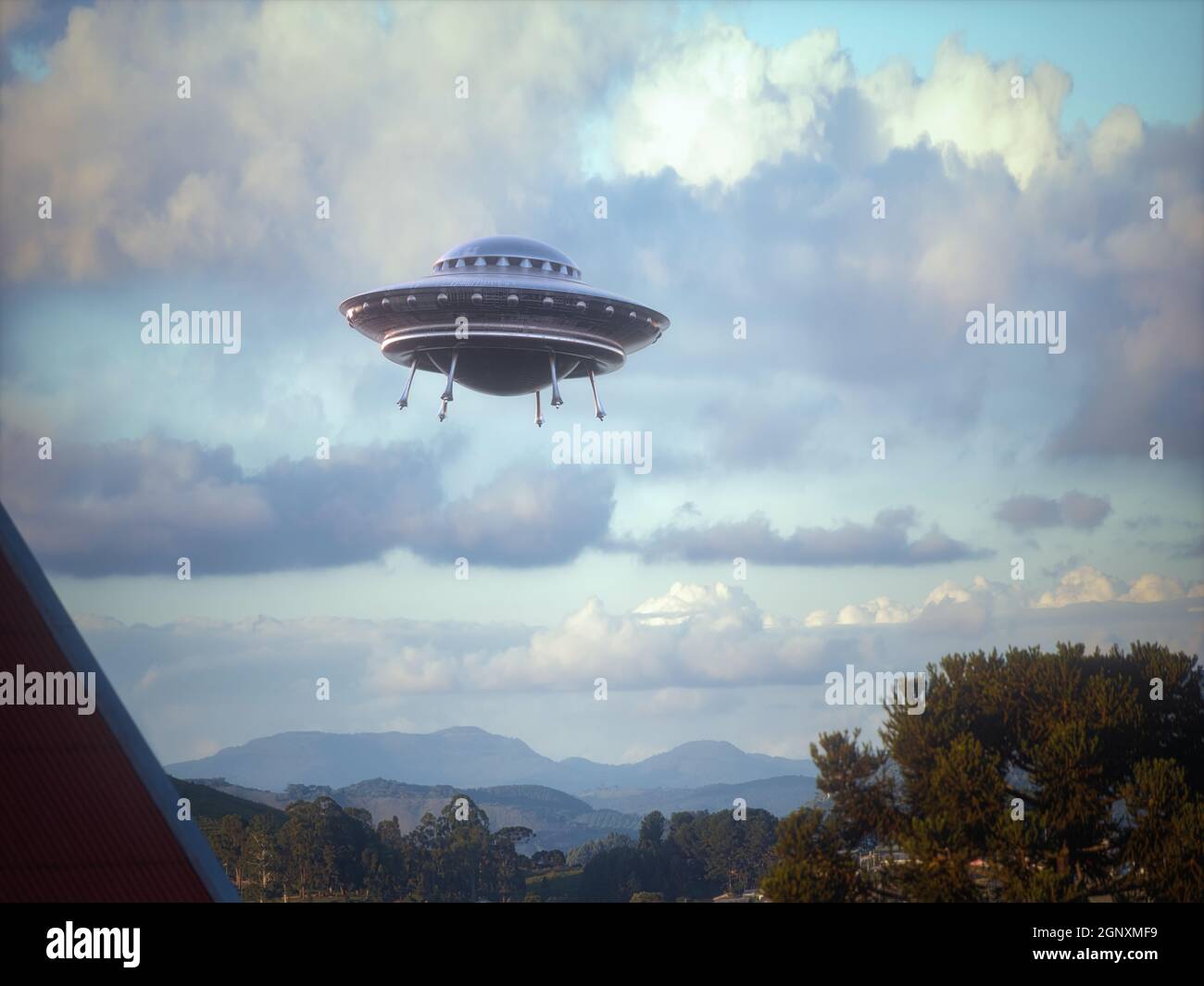 Unidentified flying object flying over the city. Alien spaceship in the shape of a disc made of metallic material. Clipping path included. Stock Photo