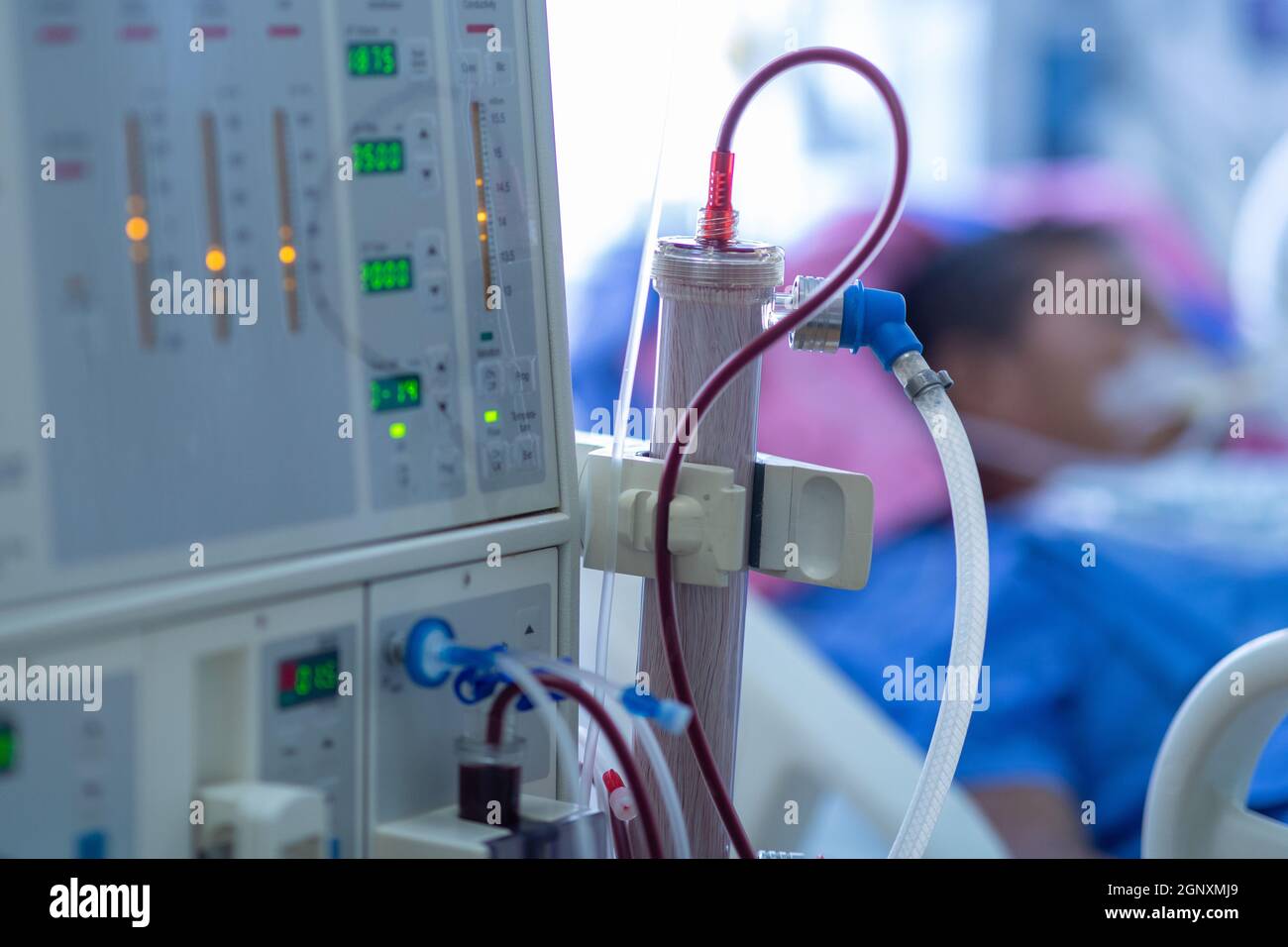 Dialysis machine is working. Acting as a substitute for the kidneys to