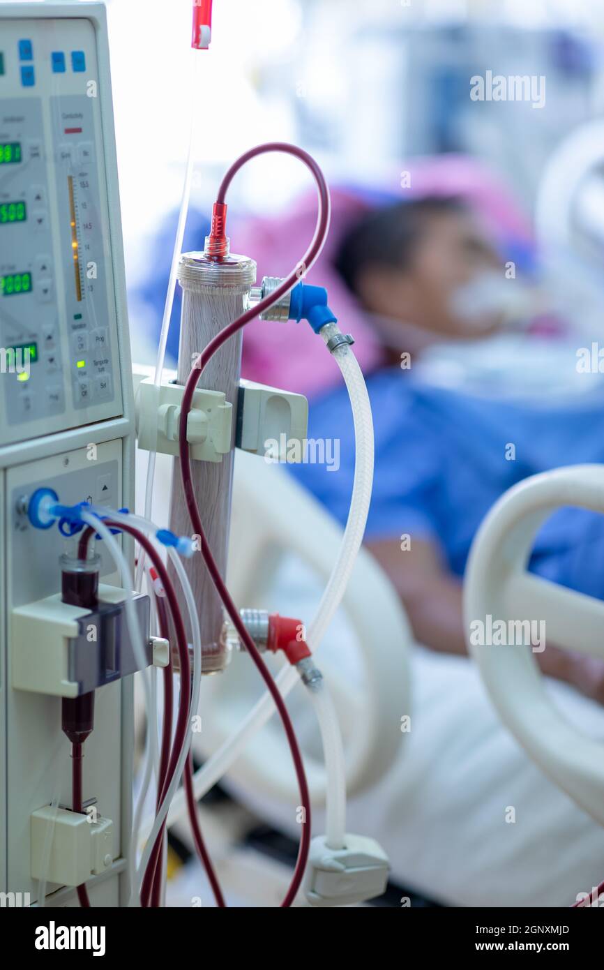 Dialysis machine is working. Acting as a substitute for the kidneys to