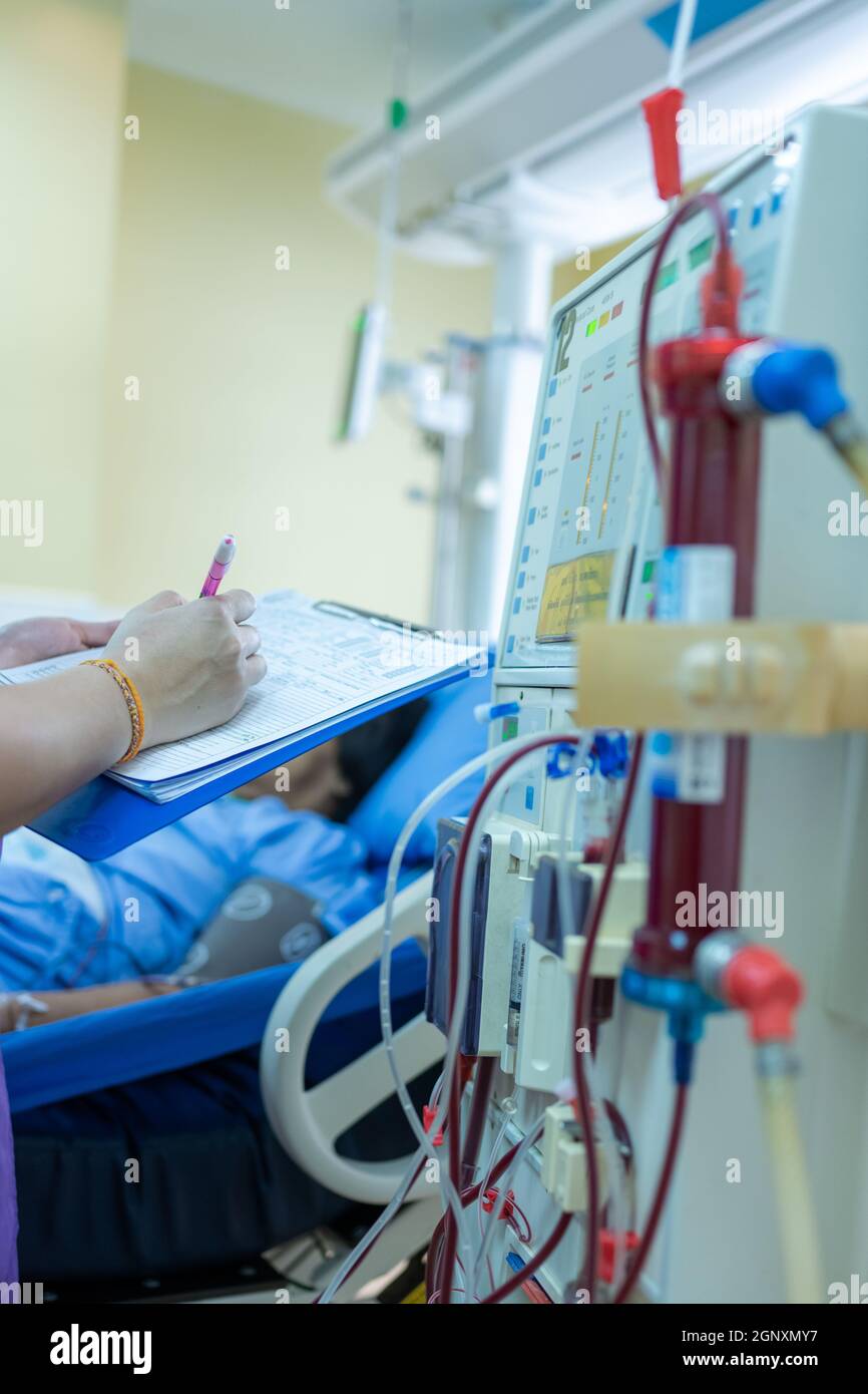 The specialist are checking continuous renal replacement therapy