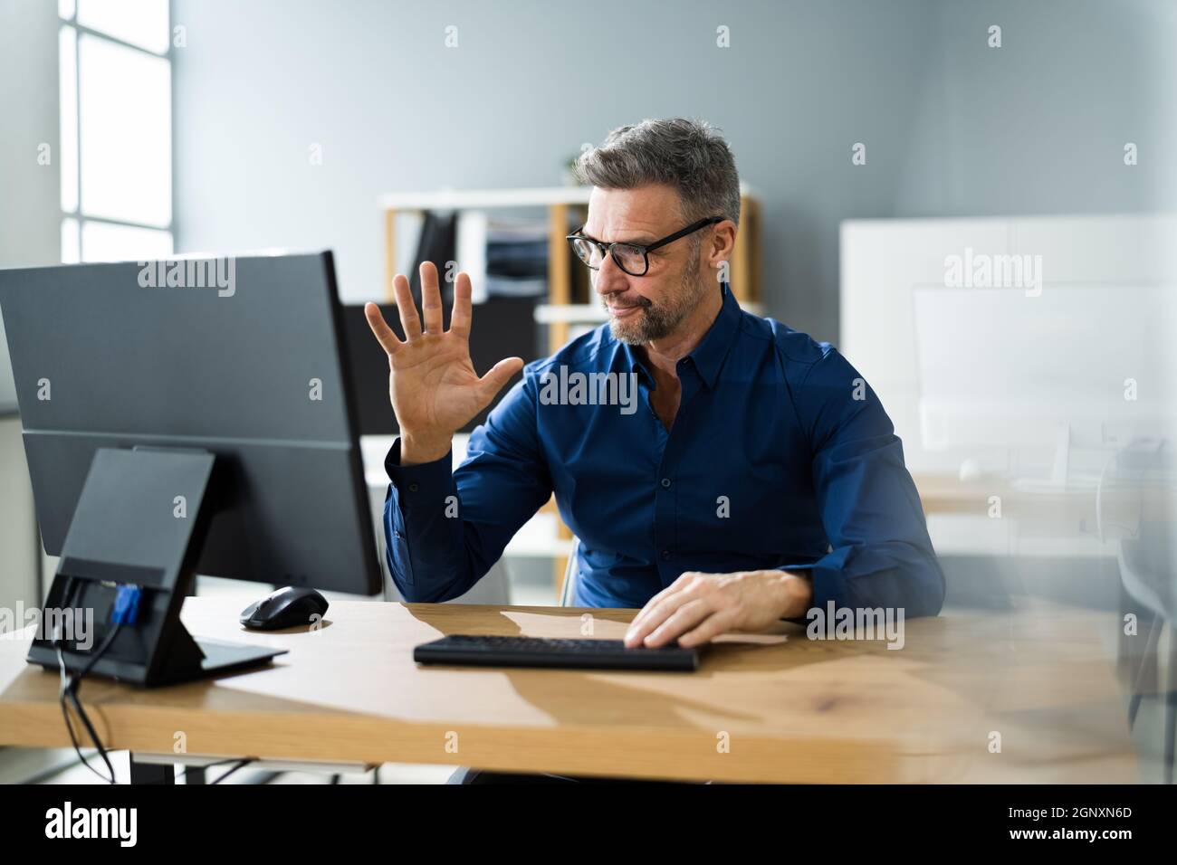 Man Using Online Program Man Using Online Virtual Video Training Call Stock Photo - Alamy
