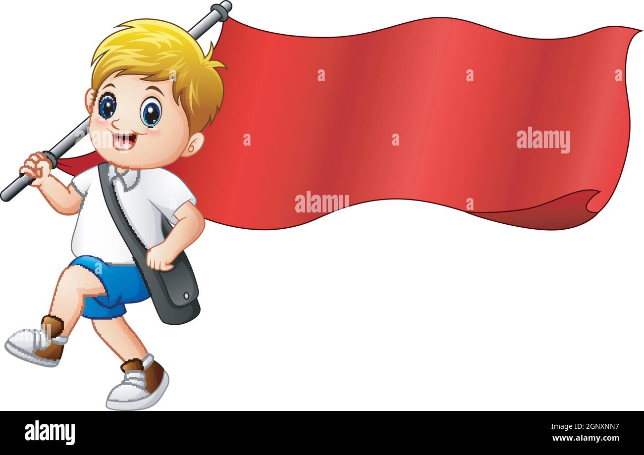 Cartoon boy holding red flag Stock Vector