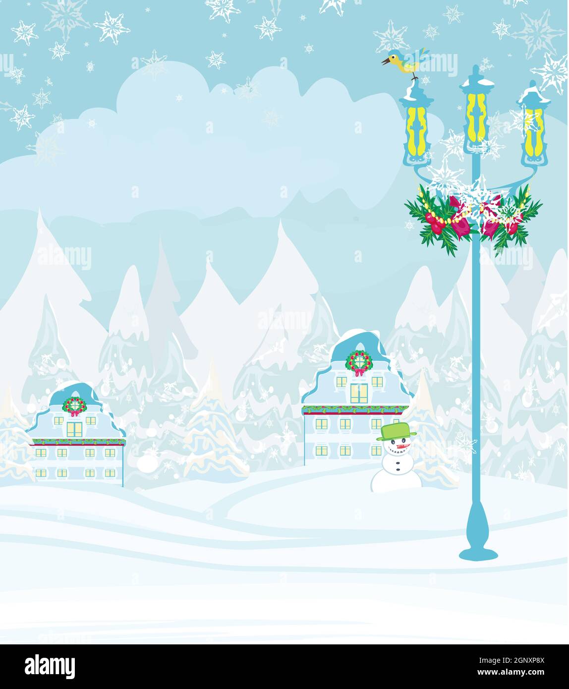 winter city landscape - illustration with bird, houses and snow Stock ...