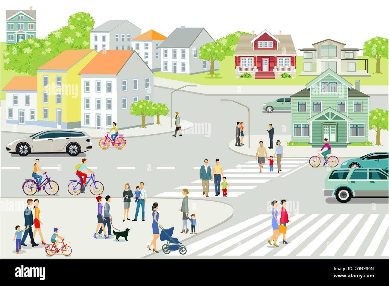 Cityscape with people and road traffic, illustration Stock Vector Image ...