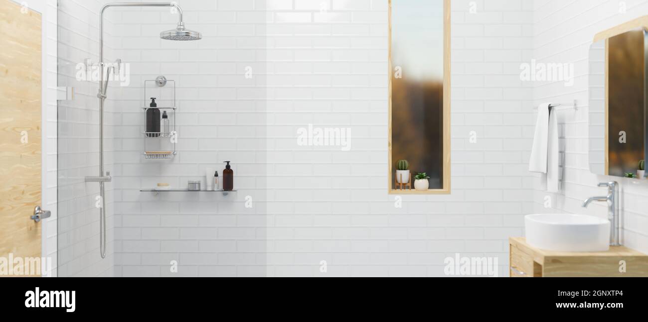 Contemporary bathroom interior with wood and tiles design with wood