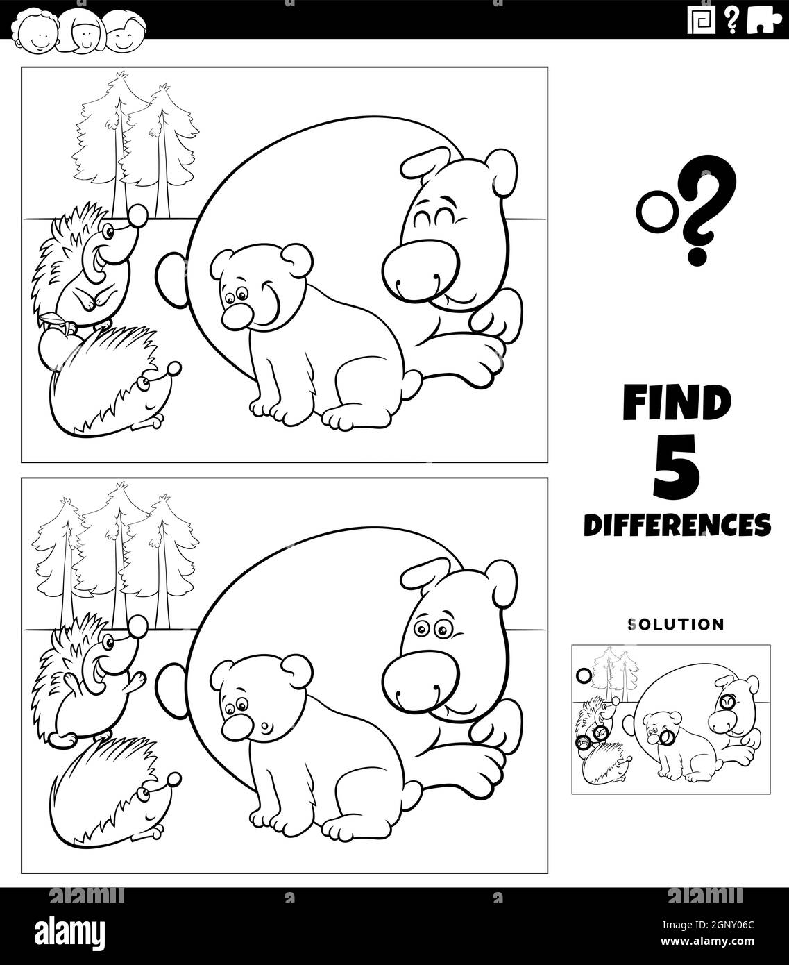 differences game with bears and hedgehogs coloring book page Stock Vector