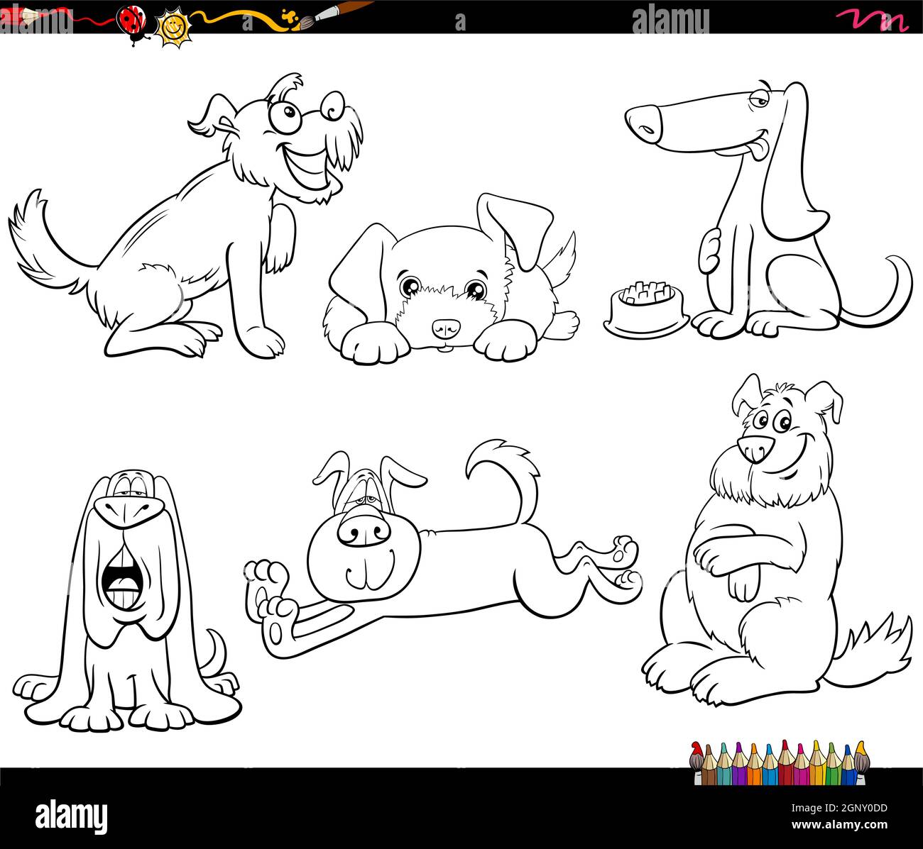 cartoon dogs animal characters set coloring book page Stock Vector ...