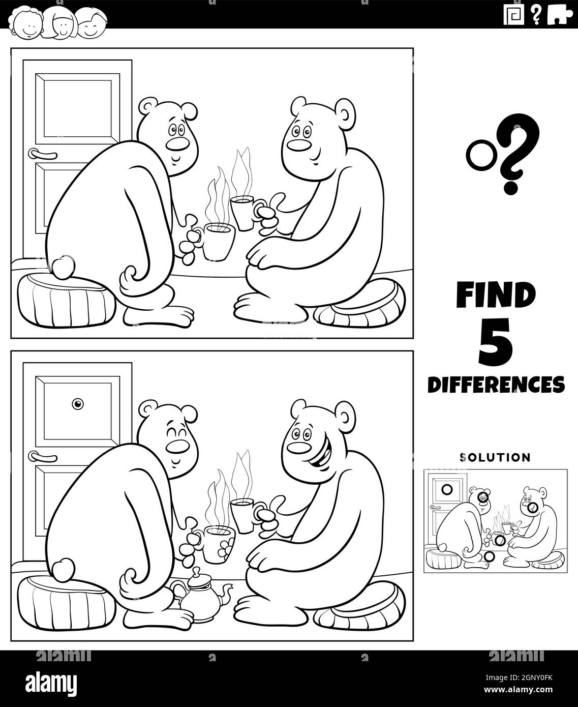 differences educational game with bears drinking tea coloring book page Stock Vector