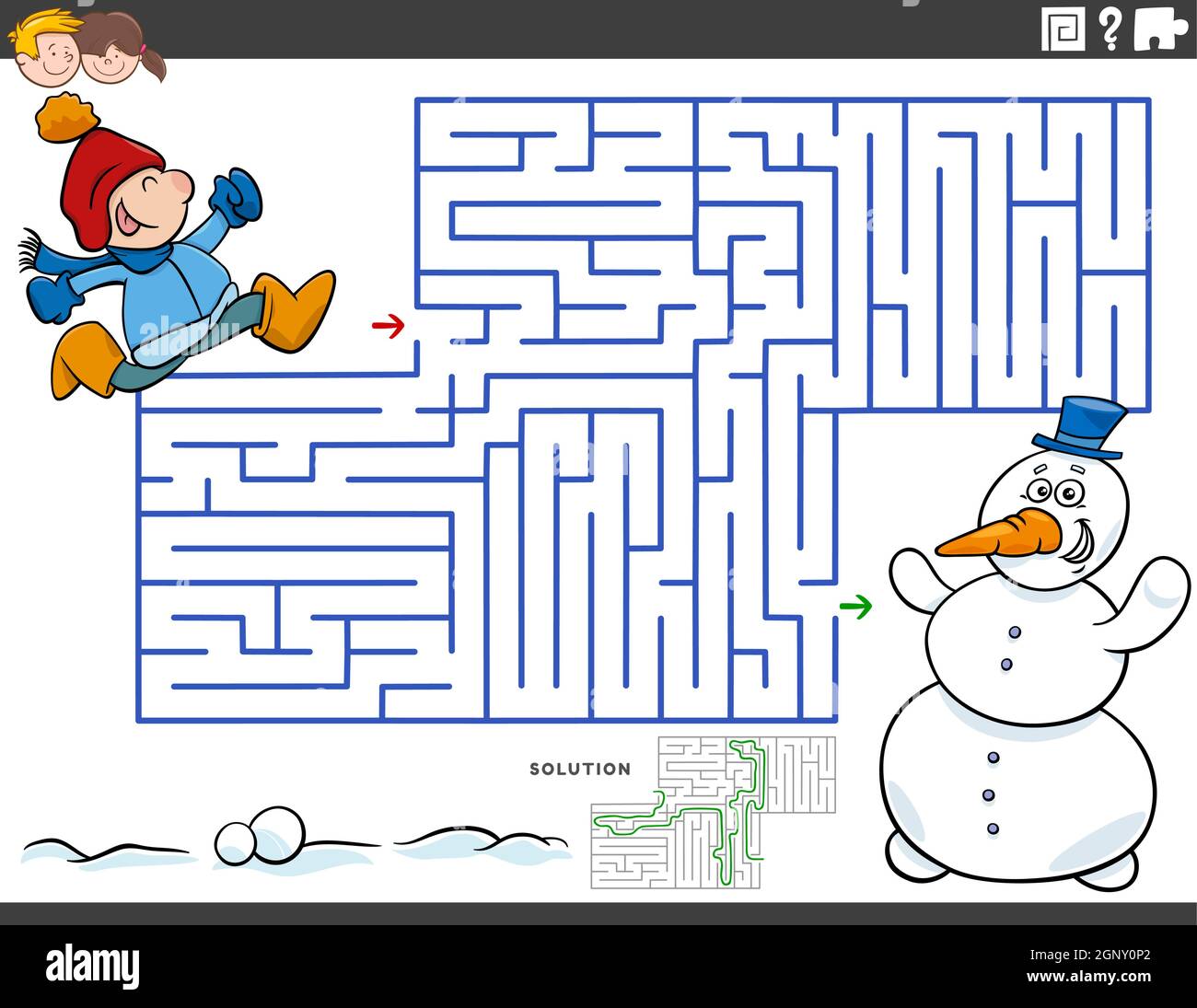 maze educational game with boy and snowman Stock Vector