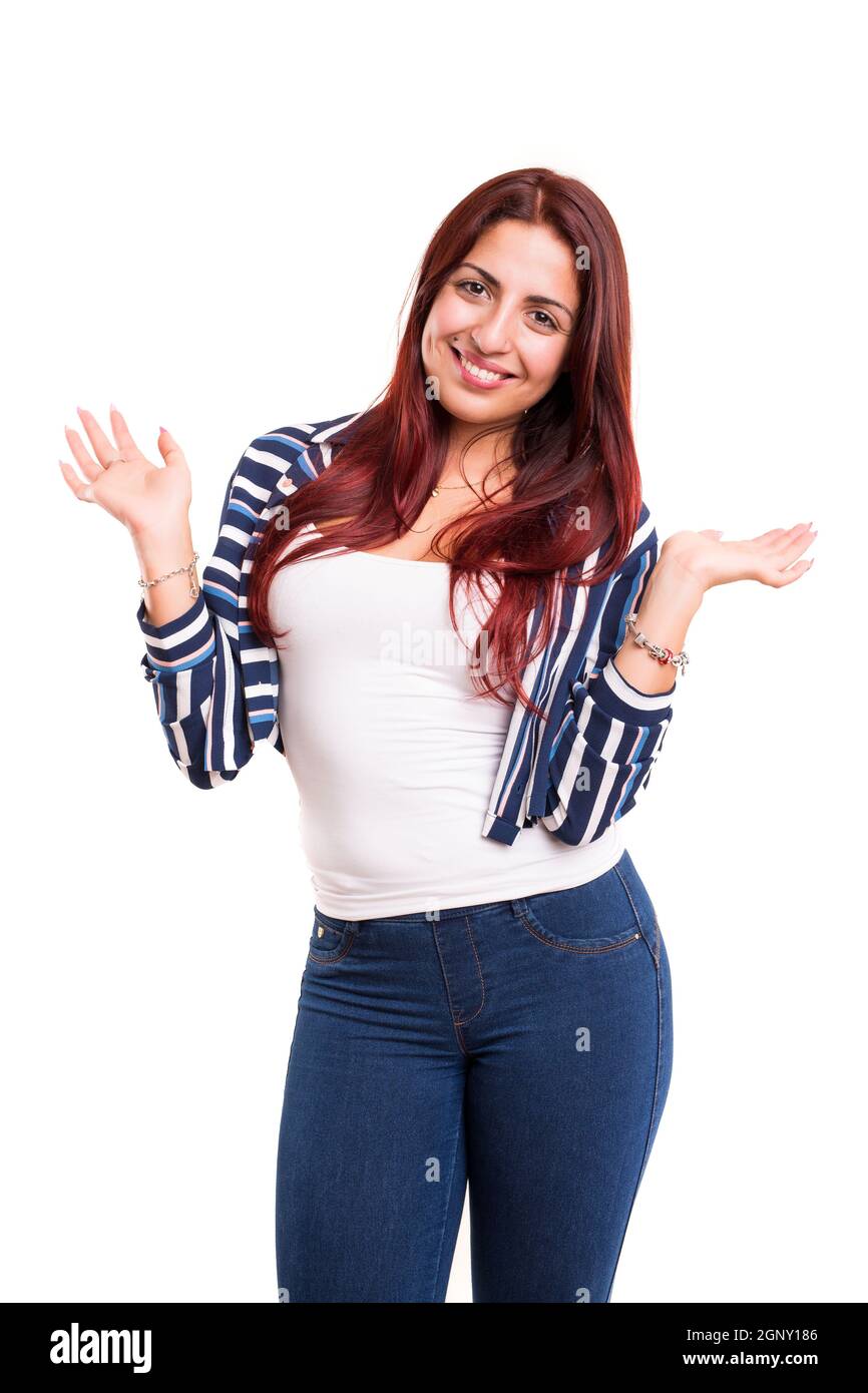 Studio shot: Happy woman with raised arms Stock Photo - Alamy
