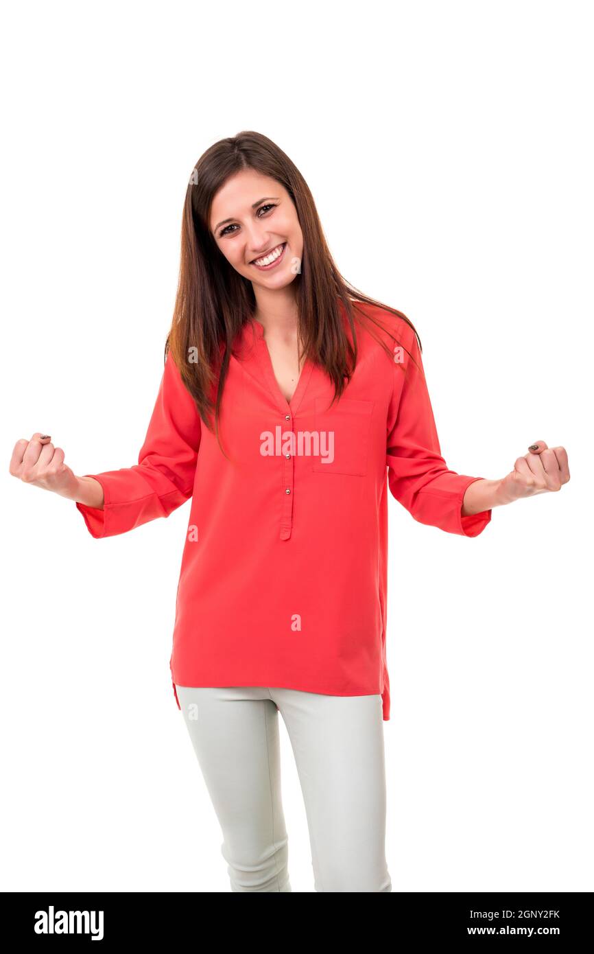 Studio shot: Happy woman with raised arms Stock Photo - Alamy