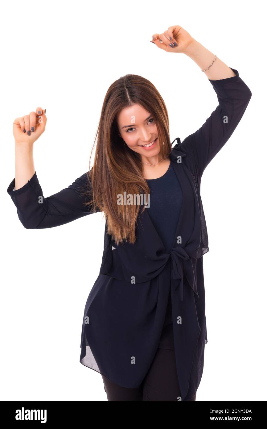 Studio shot: Happy woman with raised arms Stock Photo - Alamy