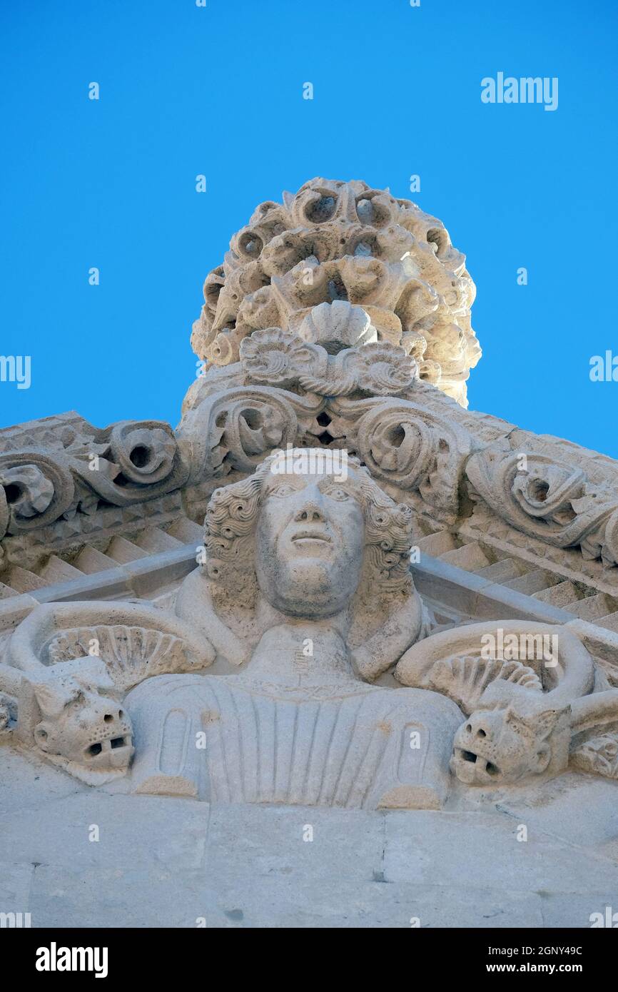 Sculpture, decoration on the St Mark's Cathedral in the historic city Korcula at the island Korcula in Croatia Stock Photo